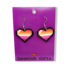 Lesbian Pride Pixel Heart Faux Leather Earrings