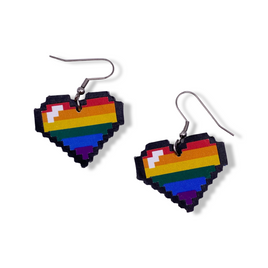 LGBTQ+ Rainbow Pride Pixel Heart Faux Leather Earrings