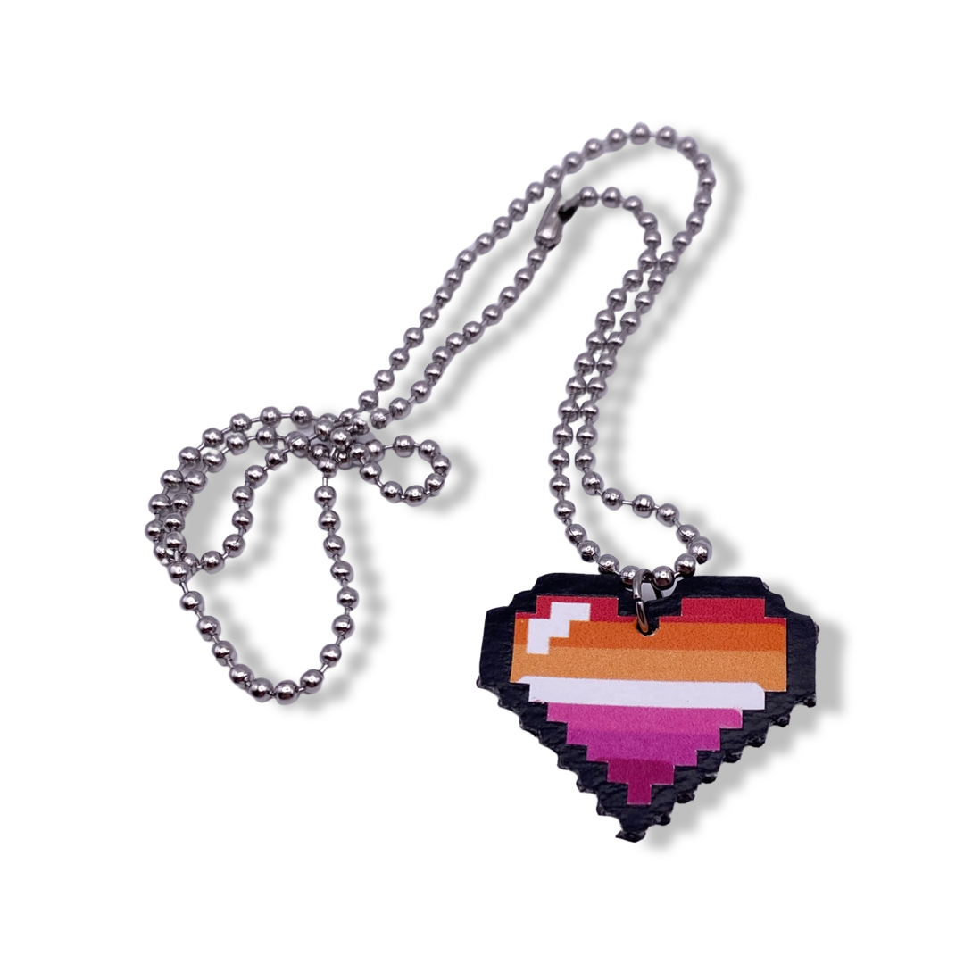 Lesbian Pride Pixel Heart Faux Leather Necklace| Geekish Gifts
